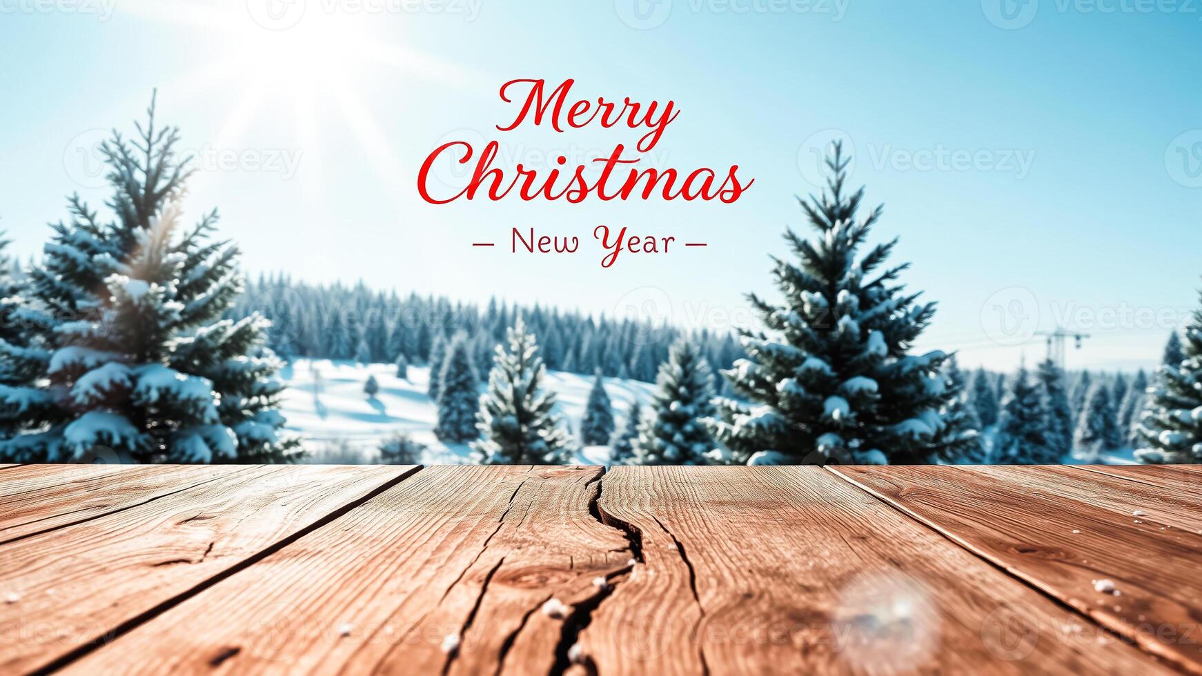 rustic wooden table with a festive winter background photo