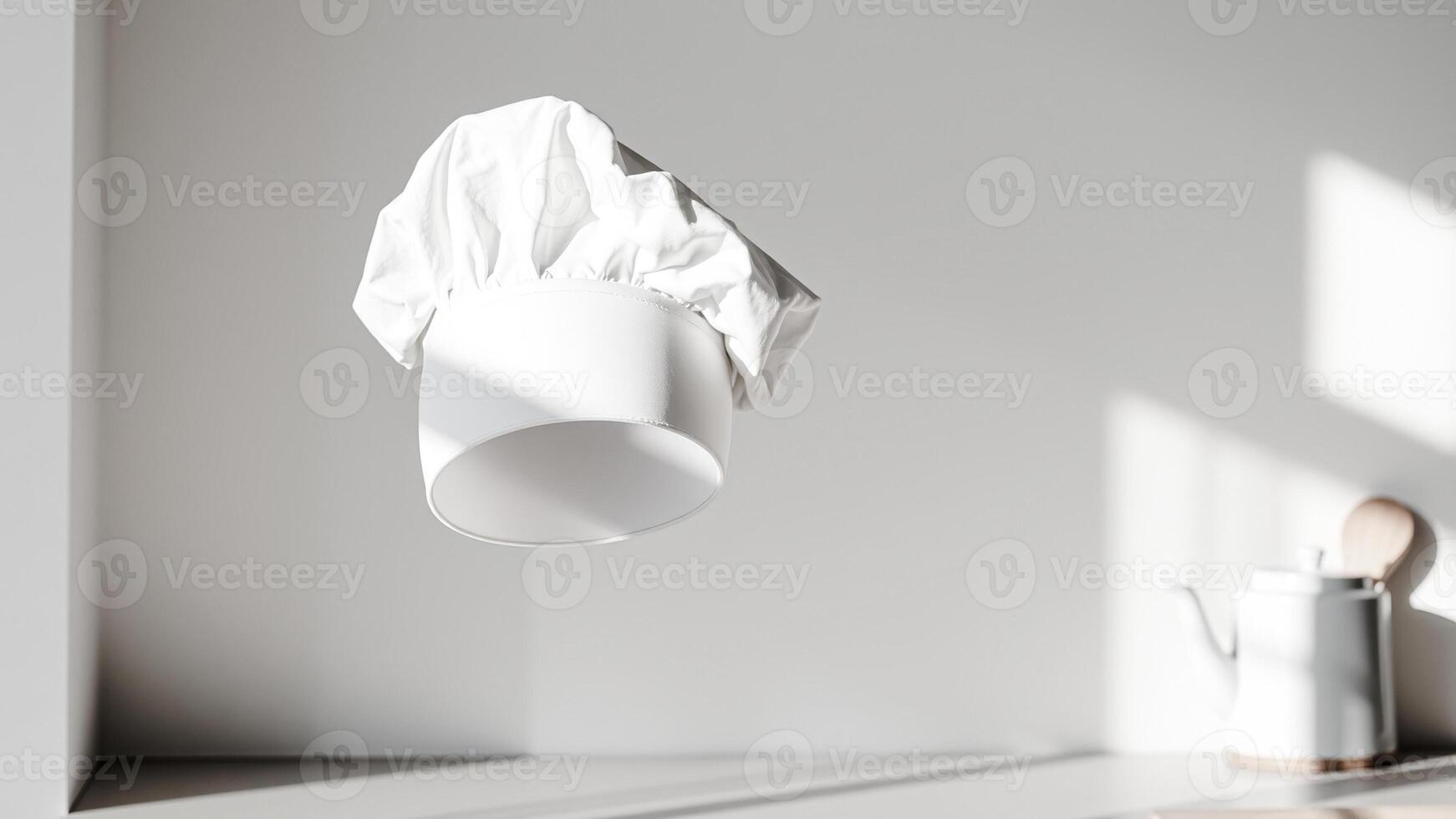 white chef's hat floating against a plain white background photo