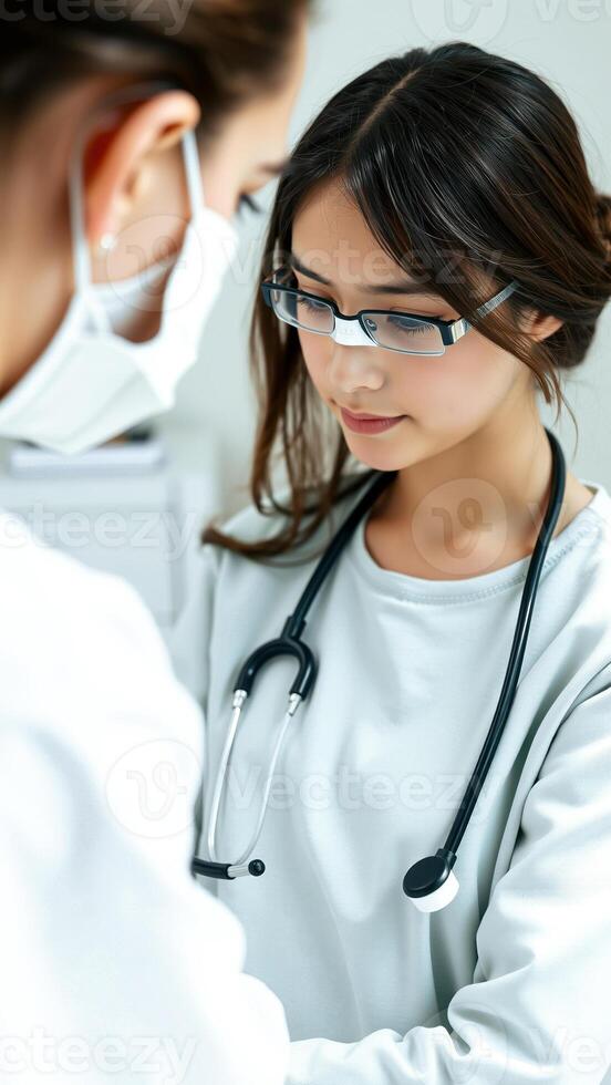 young doctor wearing a stethoscope attentively listens a patient photo