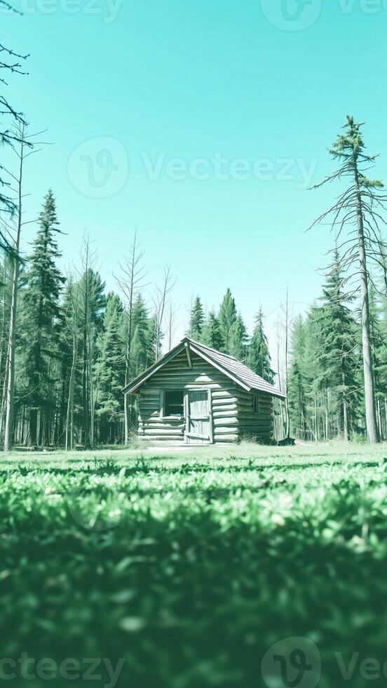small wooden cabin rests a green forest clearing photo