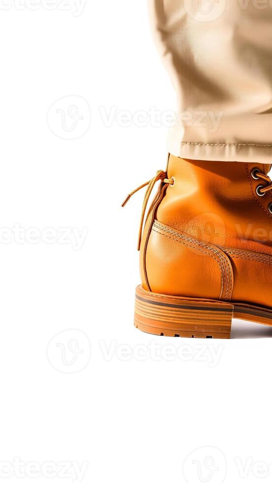 close- a brown leather boot with a thick multi-layered sole photo