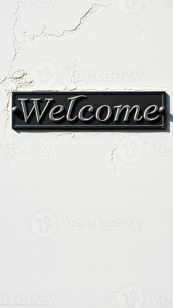 silver welcome plaque on a textured white wall photo