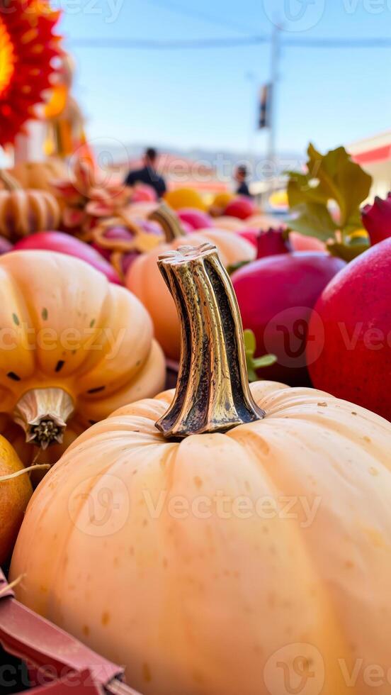 white pumpkin with a brown stem among other fall fruits photo