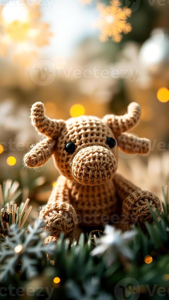 crocheted bull ornament among festive branches photo