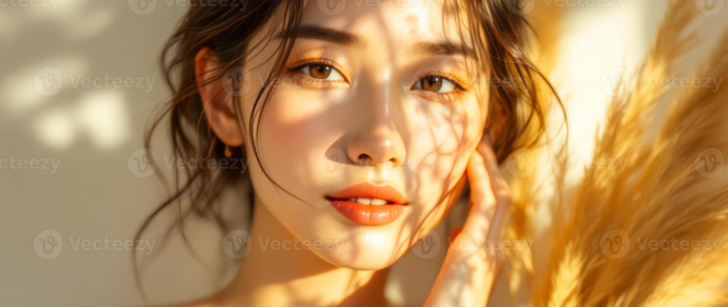 woman illuminated by golden sunlight photo