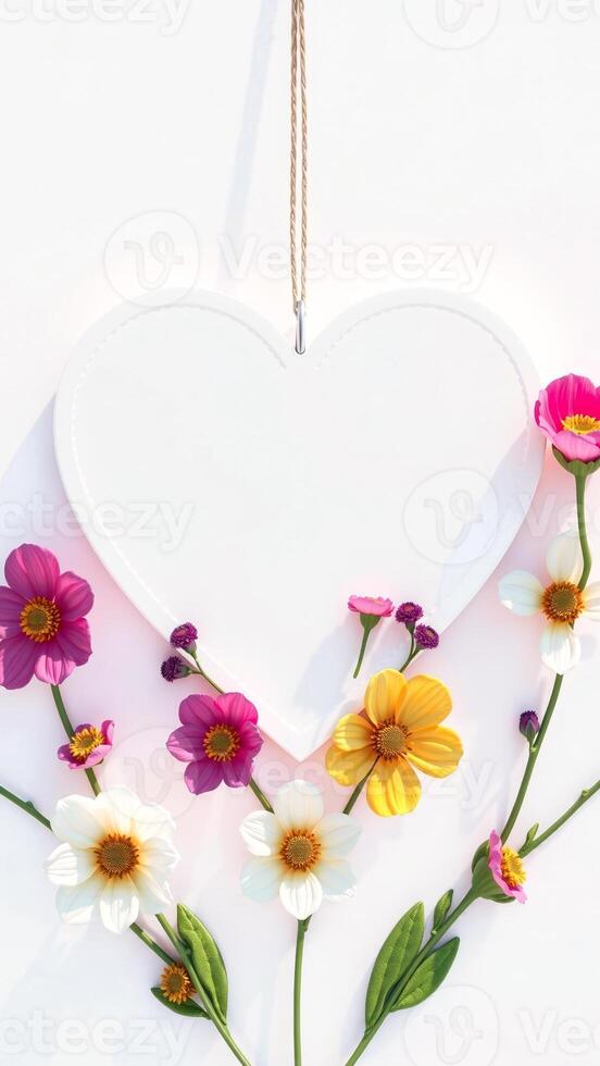 white heart-shaped sign with colorful flowers photo