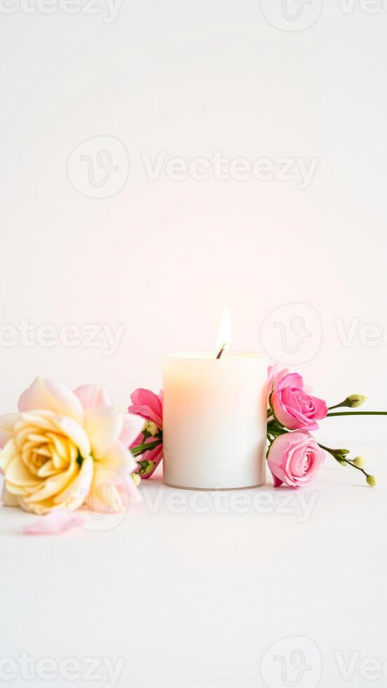 white candle pink roses create a serene atmosphere photo