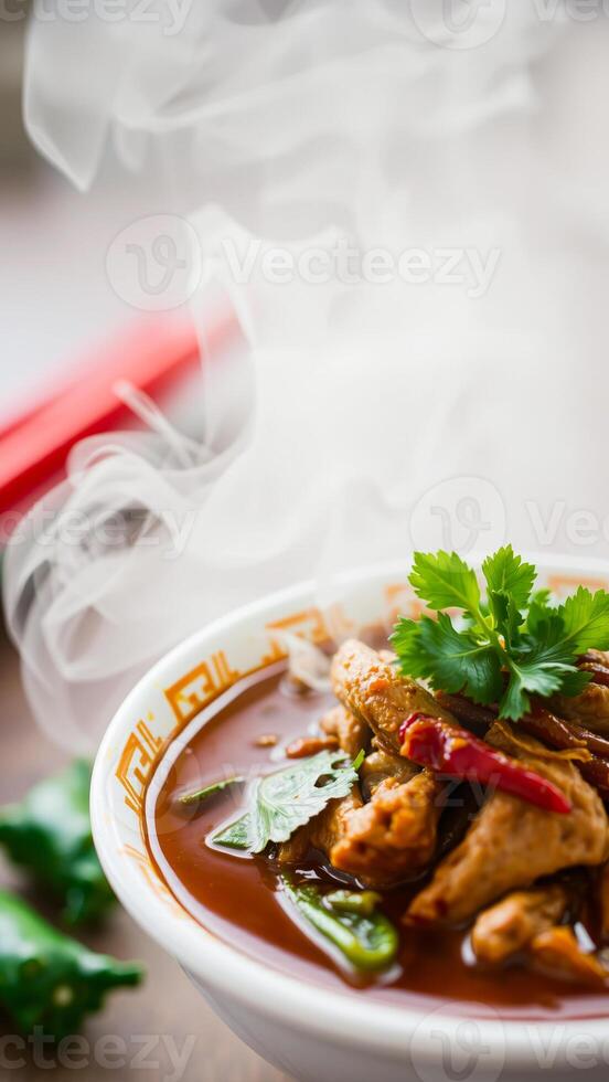 aromatic bowl spicy broth with meat herbs photo