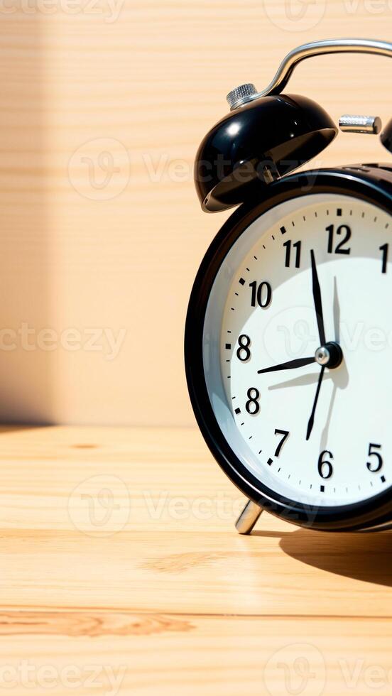 black alarm clock on a wooden surface shows eleven o'clock photo