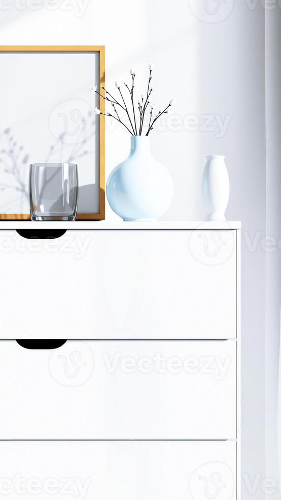 white dresser with sunlight shining through a window photo