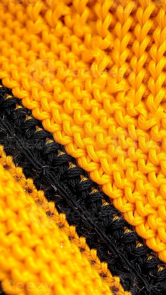 close- a yellow knit fabric with a diagonal black photo