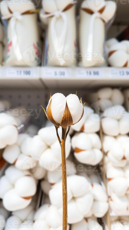 single cotton boll with brown stem a retail display photo