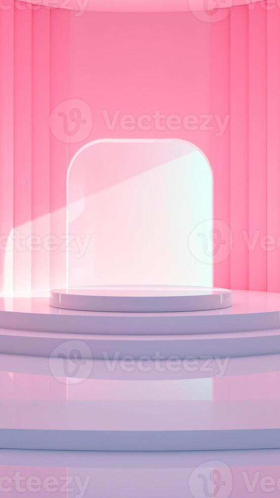 white circular platform with three steps front an archway against a pink wall photo