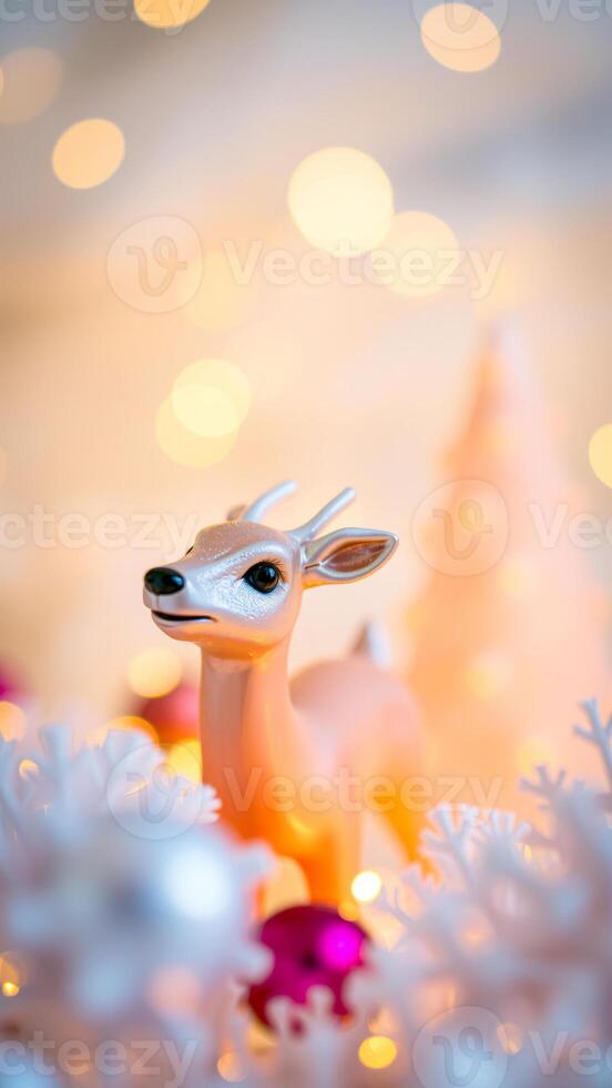 glittery pink deer figurine with festive lights photo
