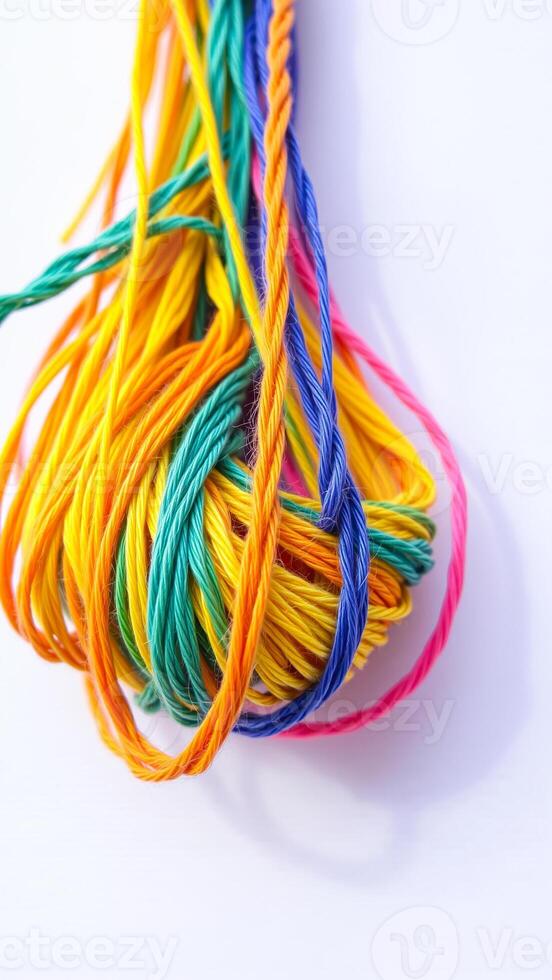 close- view tangled colorful strings photo