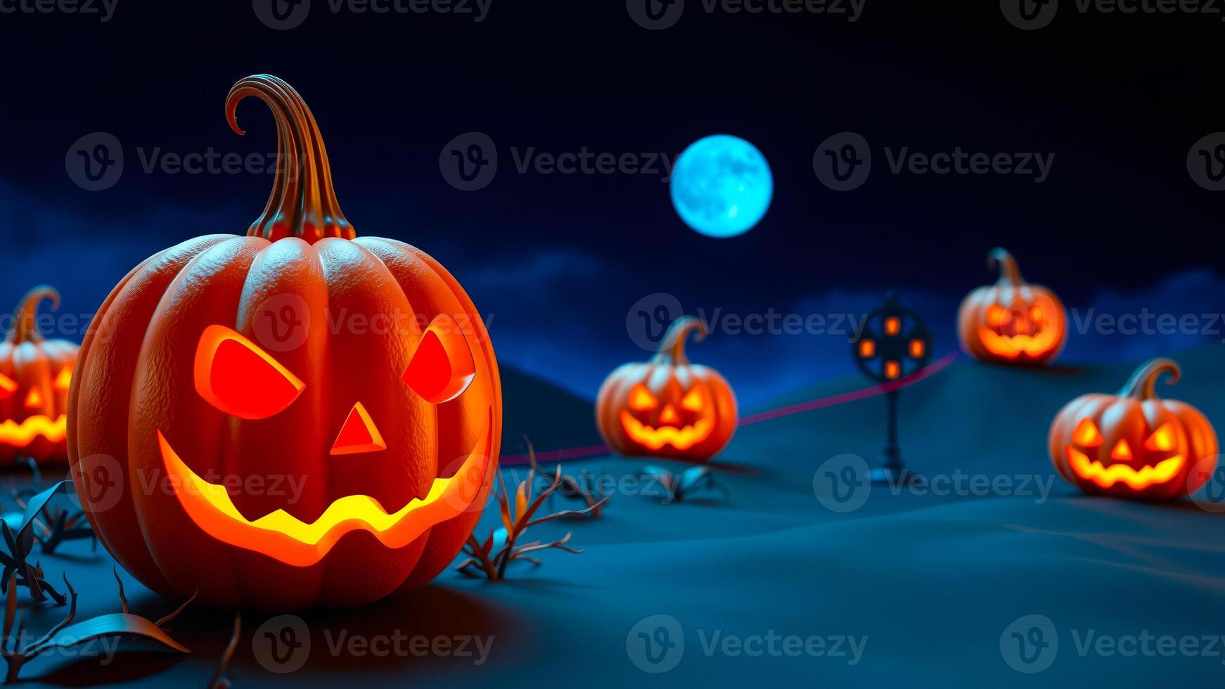 glowing jack-o'-lantern a field on a halloween night photo