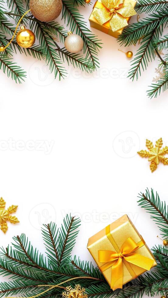 gold ornaments pine branches create festive frame photo