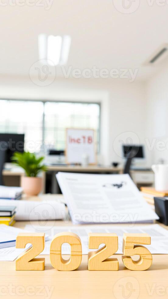 wooden block letters forming the year 2025 on a desk a workplace setting photo