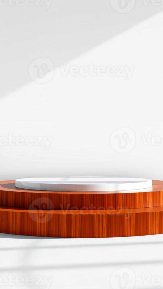 white circular platform on a wooden base against a white wall with sunlight reflection photo