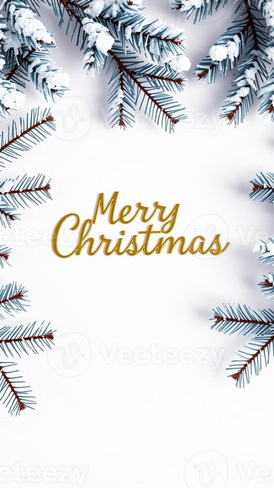 snowy evergreen branches frame a white background with gold 'merry christmas' photo