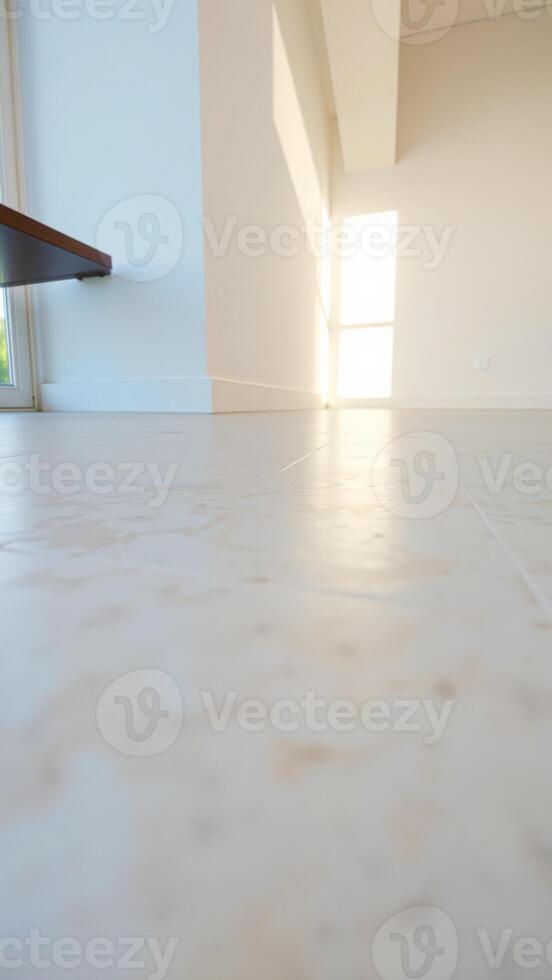 sunlight illuminates a white tiled floor a modern space. photo