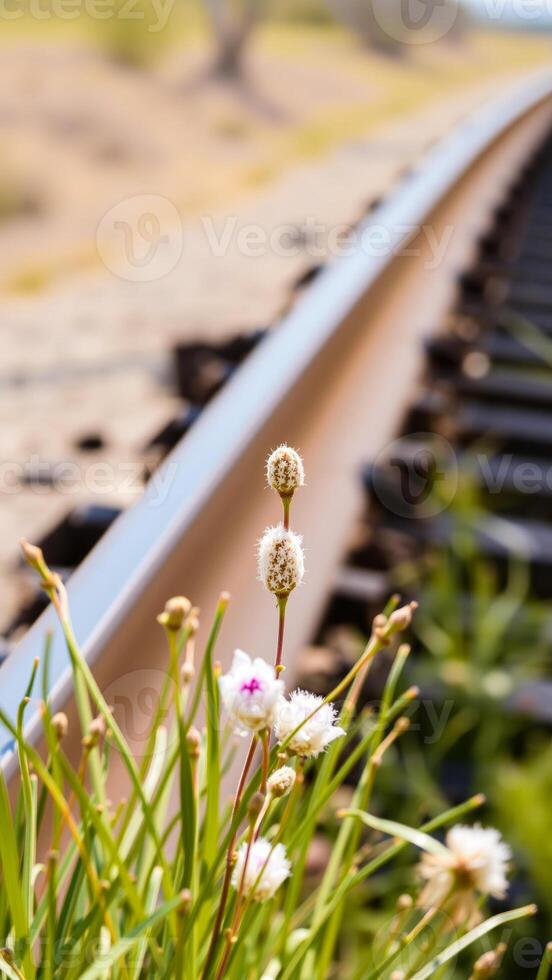 white flowers grow beside a railway track photo