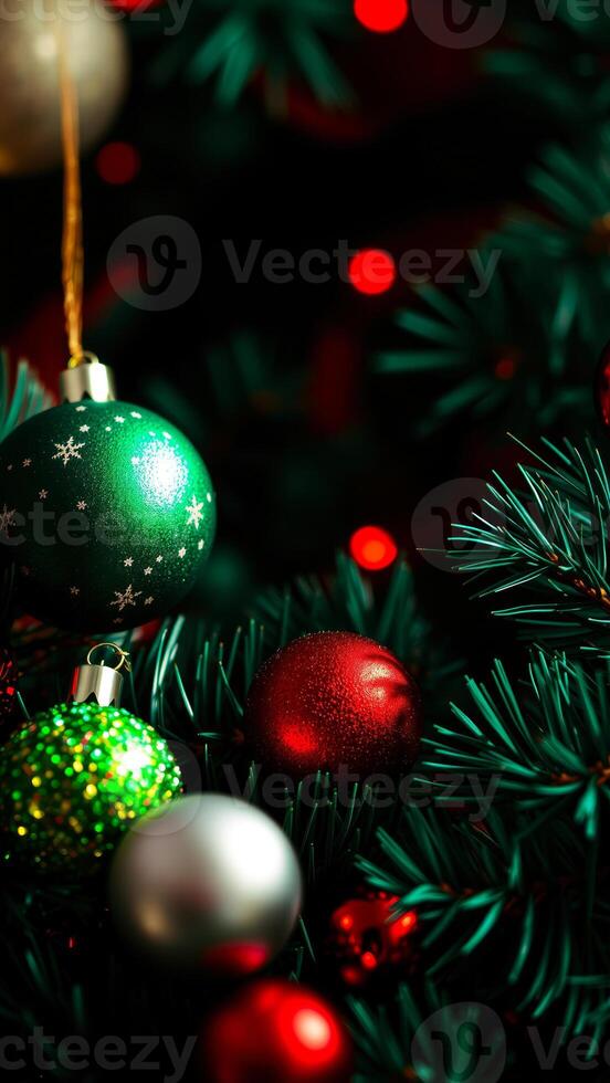 sparkling christmas ornaments on a festive evergreen tree photo