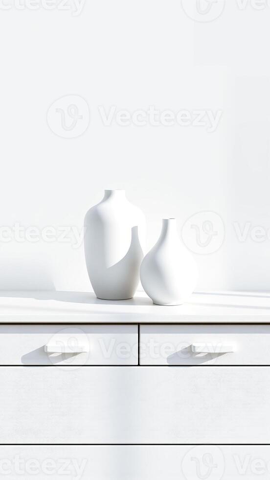 two white vases on a white dresser photo