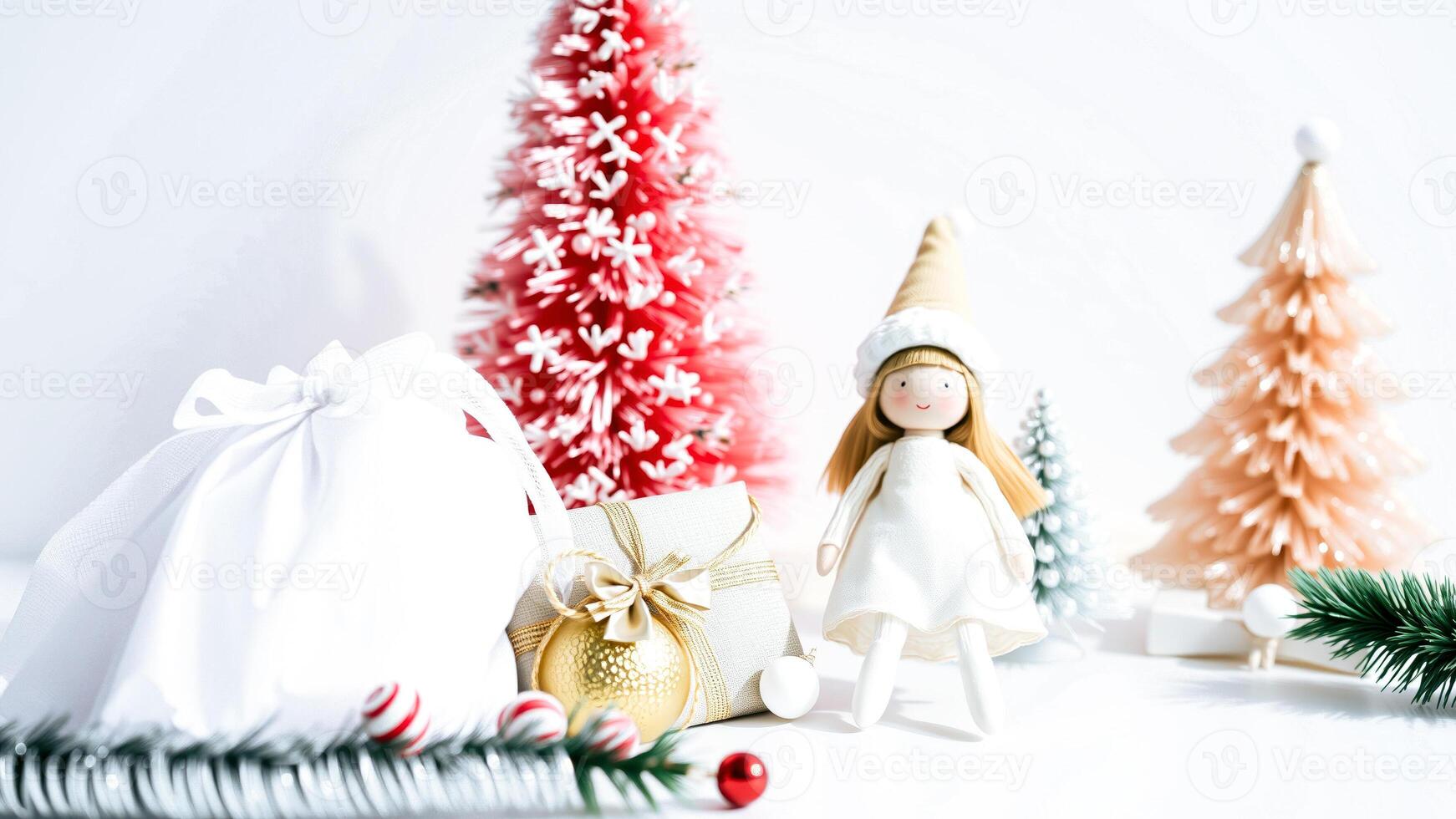 smiling doll with blonde hair white dress festive setting photo