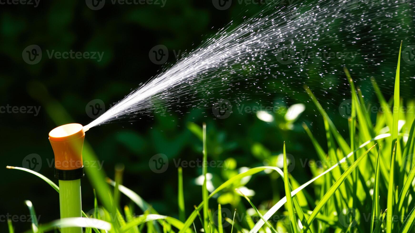 sprinkler head sprays a fine mist water over lush green grass. photo