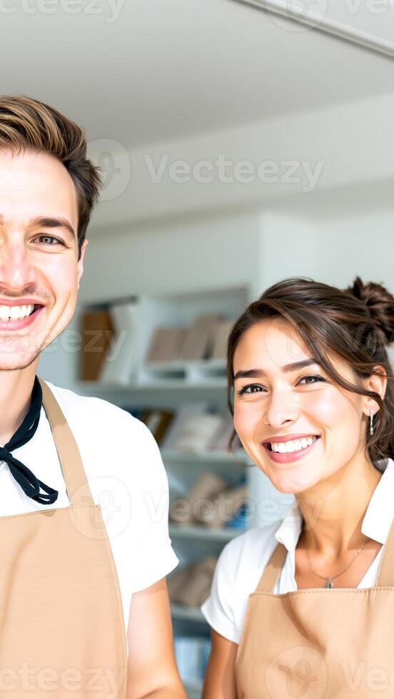 two smiling colleagues wearing aprons photo