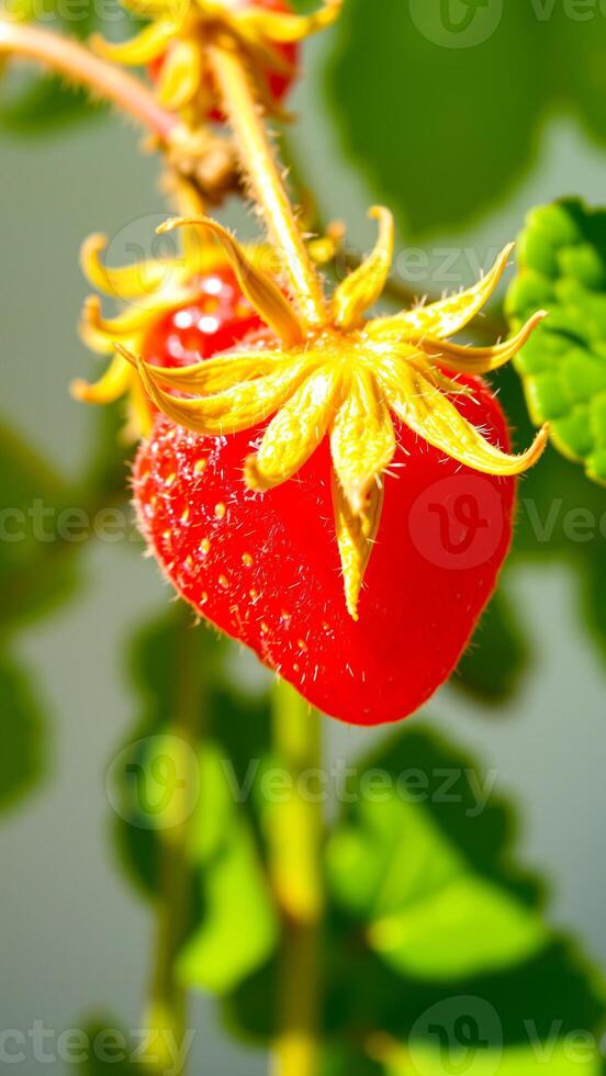 single ripe strawberry with a yellow calyx on a green vine photo