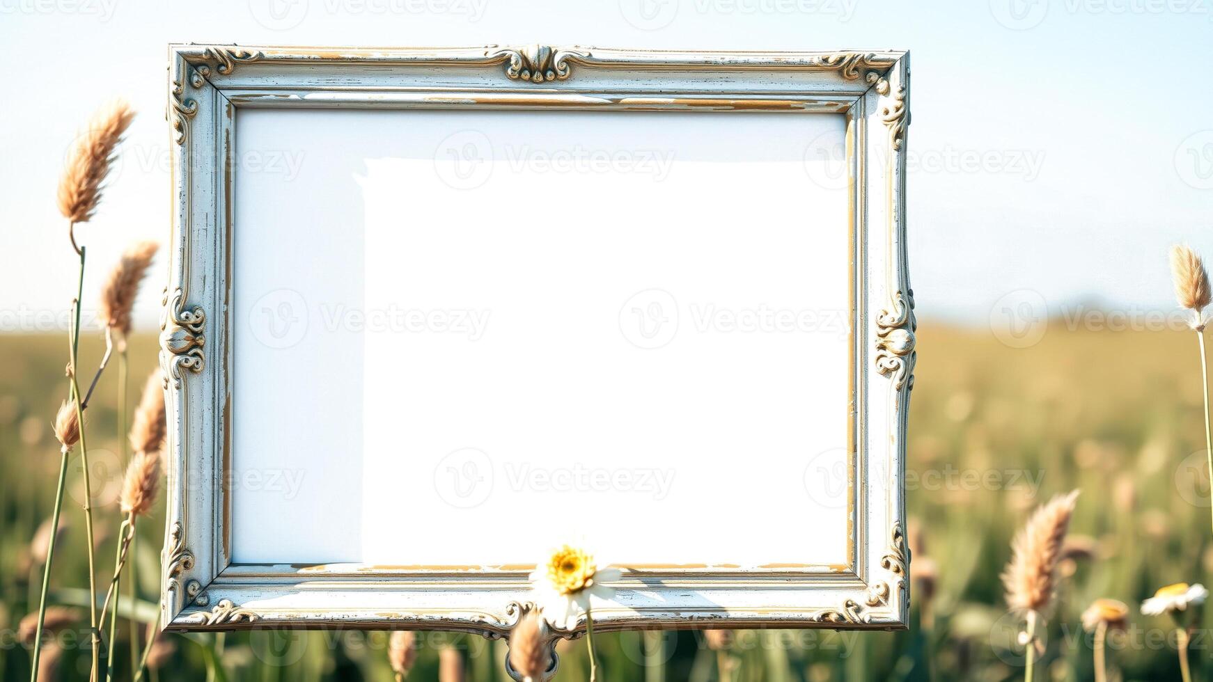 vintage white frame stands a field tall grass photo