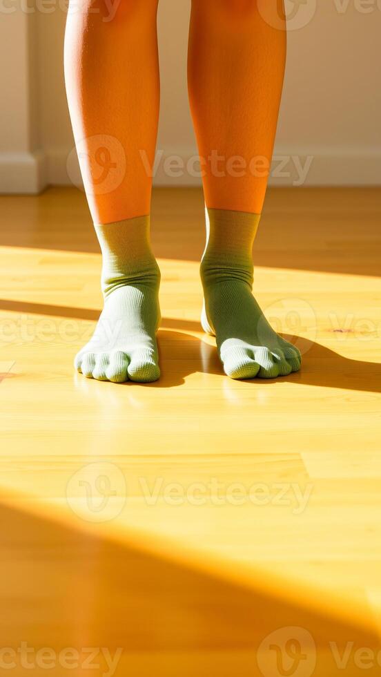 feet green toe socks on wooden floor photo