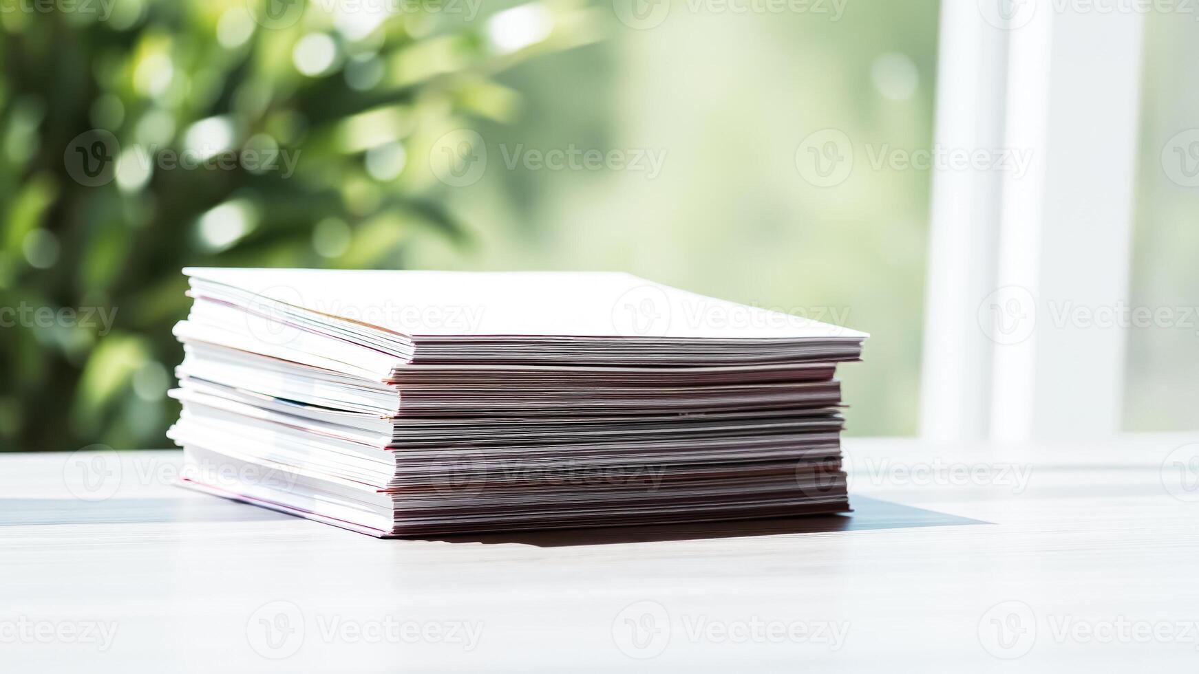 stack white paper brochures on a table photo