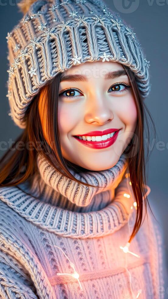 smiling young woman wearing a gray knitted sweater beanie hat photo
