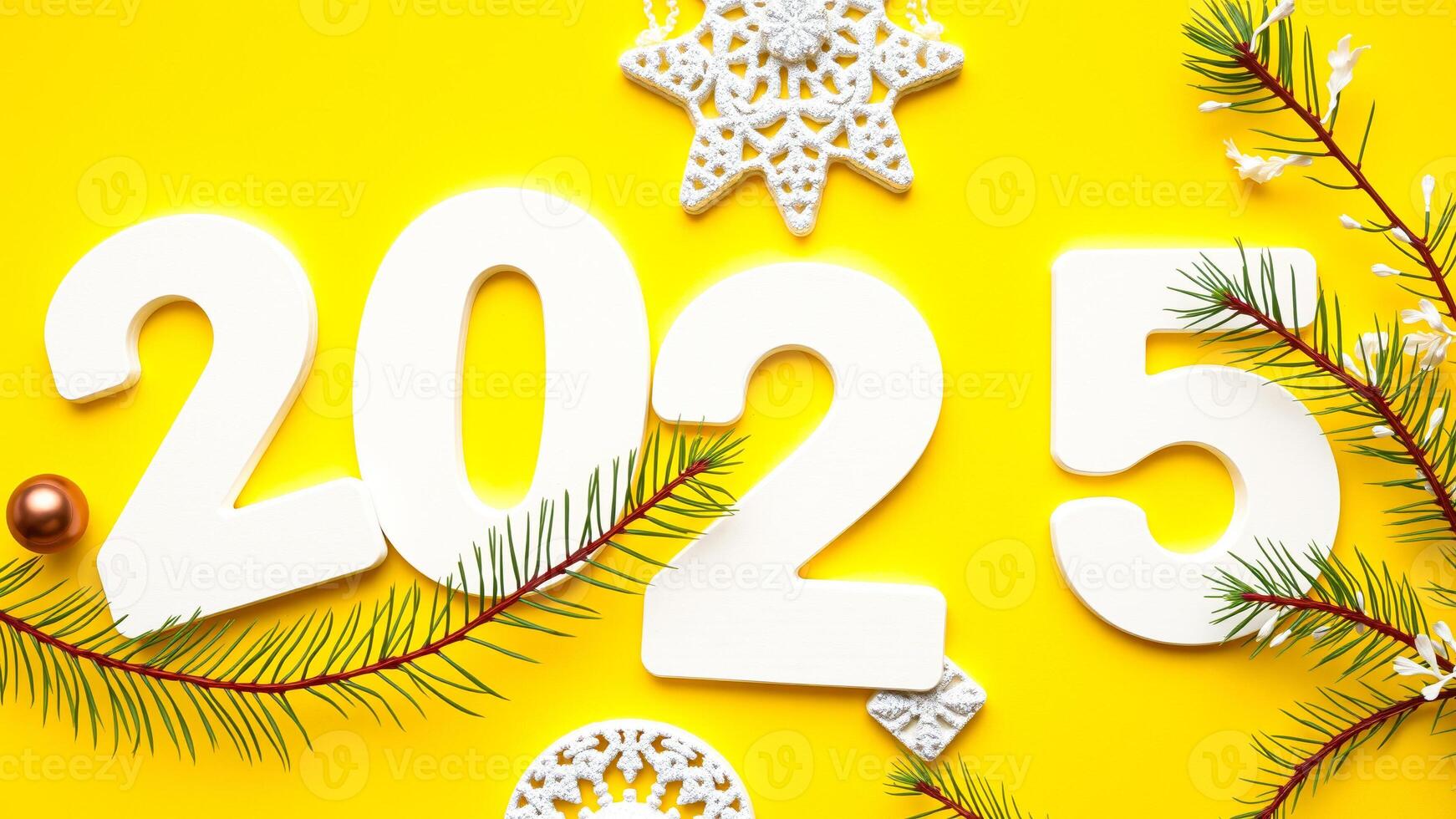 white wooden numbers 2025 on a yellow background with pine branches ornaments photo