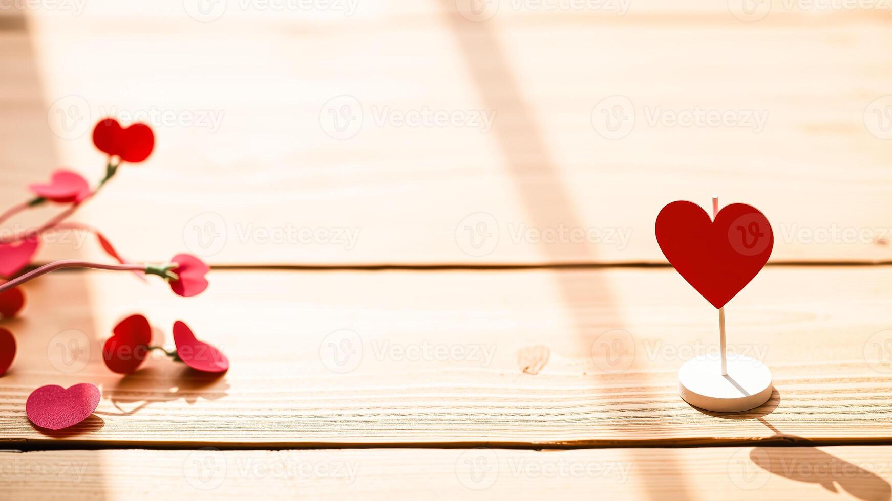 large red heart stands alone on a wooden table the sunlight photo