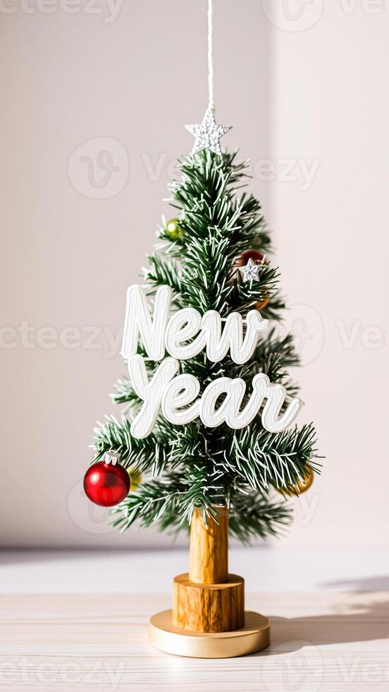 miniature christmas tree decorated with ornaments a new year sign photo