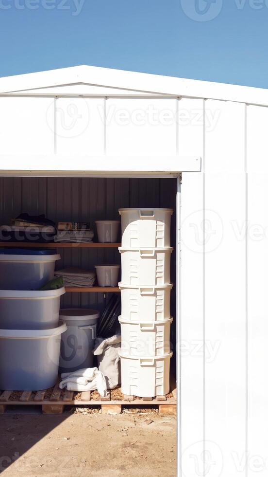 white shed with a stack plastic containers inside photo