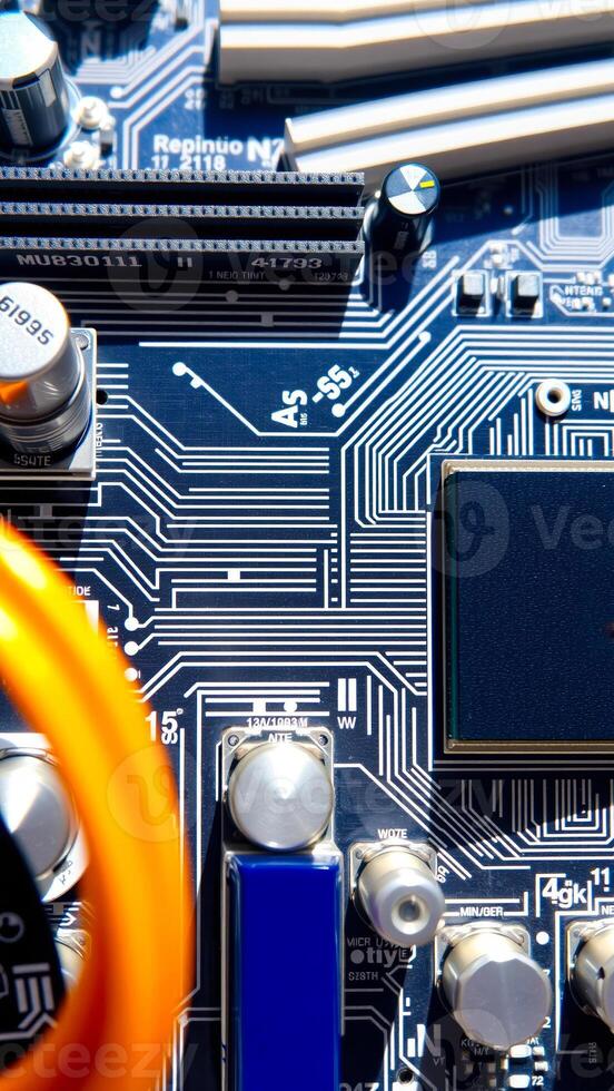close- a circuit board with integrated components photo