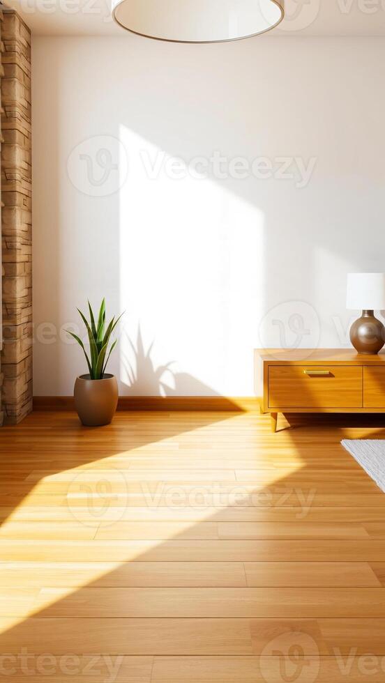 sunlit minimalist room with wooden floors white walls photo