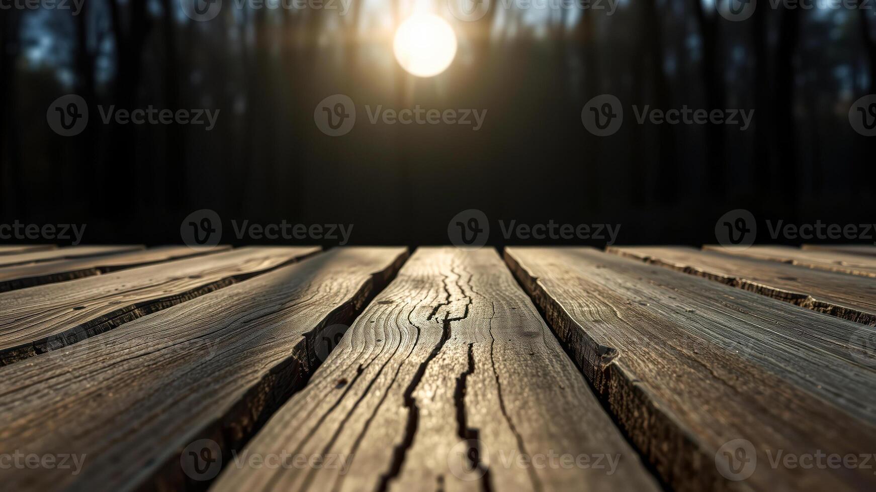 close- a rustic wooden surface with sunlit blurred background photo