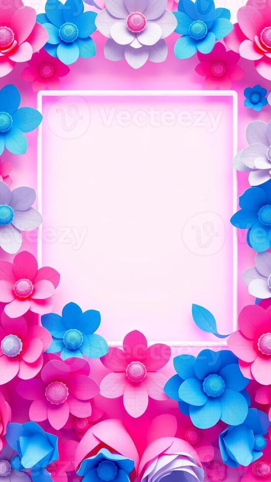 white frame surrounded by colorful paper flowers photo
