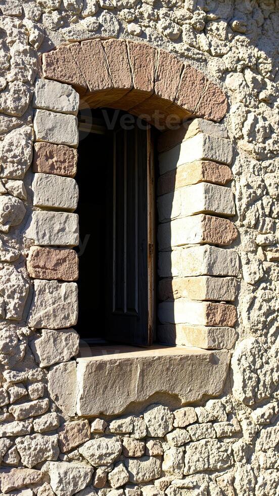 weathered stone wall with a partially open window photo