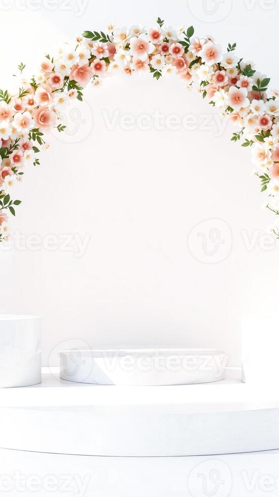 white platform with a paper flower archway photo