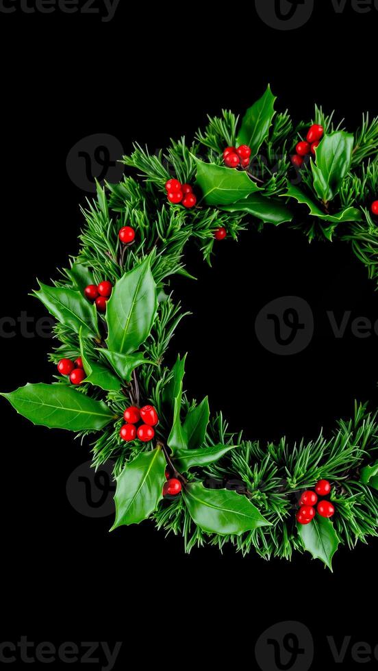 circular wreath green leaves red berries photo