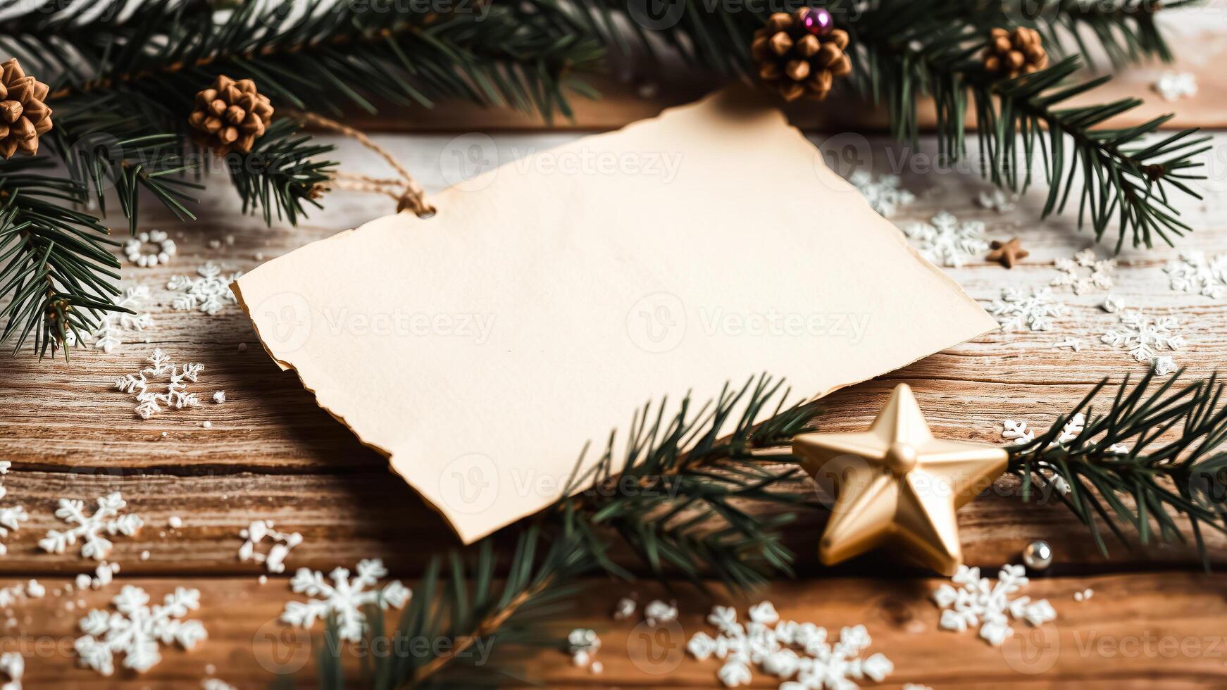 rustic winter background with aged paper tag evergreen decor photo