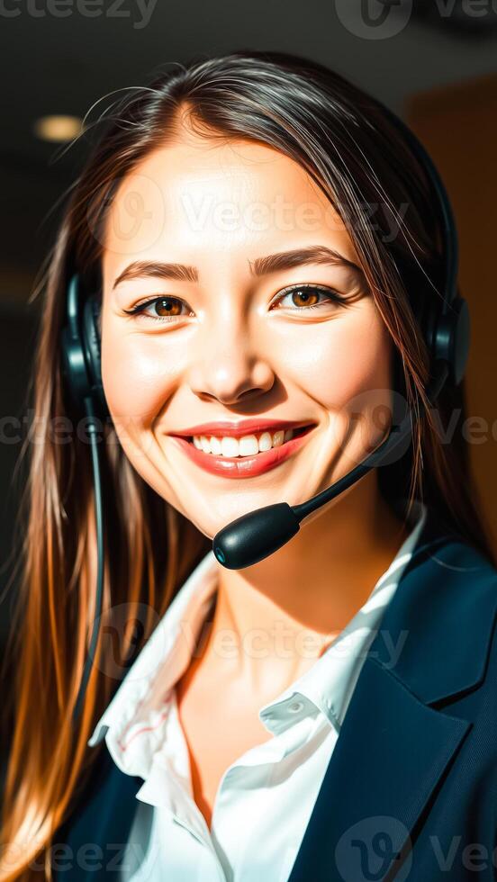 smiling woman wearing a headset a blue blazer photo