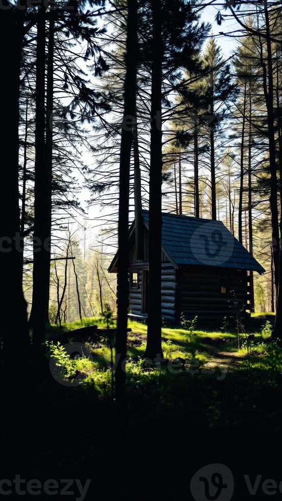 rustic log cabin bathed sunlight a dense forest photo